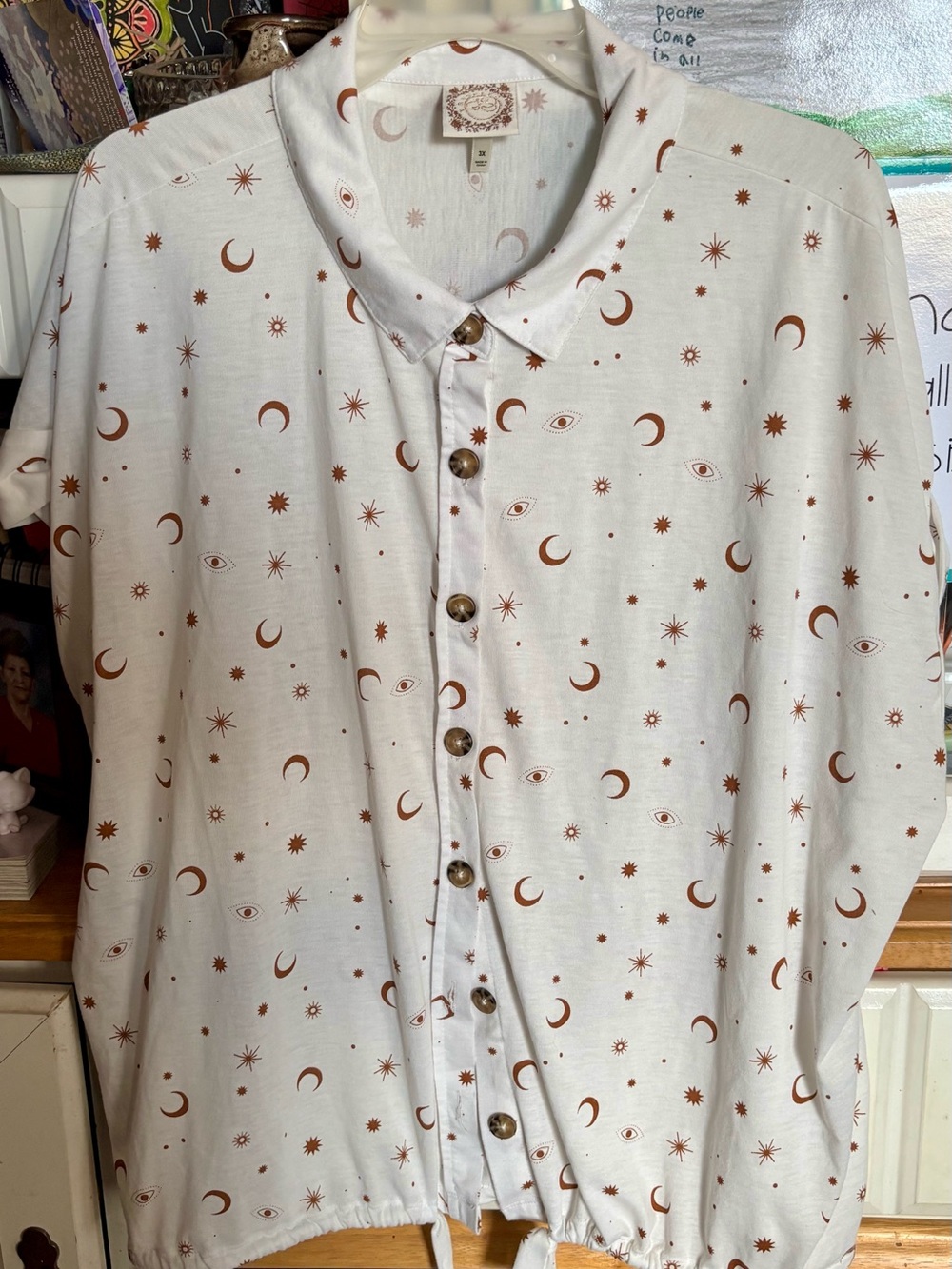 Women’s White Button-Up Shirt with Crescent & Star Print